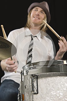 Happy Drummer Playing Drums