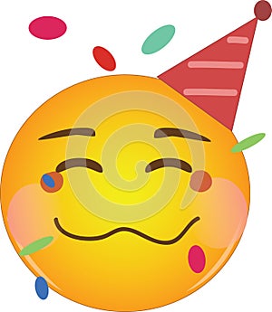 Happy drunk emoji at party. Partying yellow drunk face emoticon with a crumpled mouth, blushing cheeks, wearing a party hat and