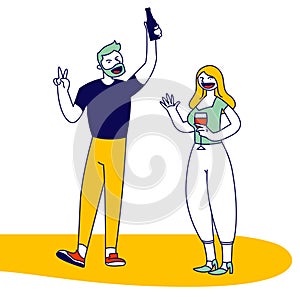 Happy Drunk People Rejoice during Party or Festive Event Celebration. Hipster Bearded Man Holding Beer Bottle