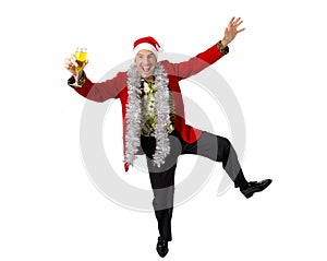 Happy drunk rake senior businessman in Champagne Christmas toast party at work wearing Santa hat