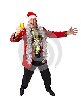 Happy drunk rake senior businessman in Champagne Christmas toast party at work wearing Santa hat