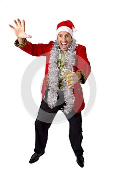 Happy drunk rake senior businessman in Champagne Christmas toast party at work wearing Santa hat