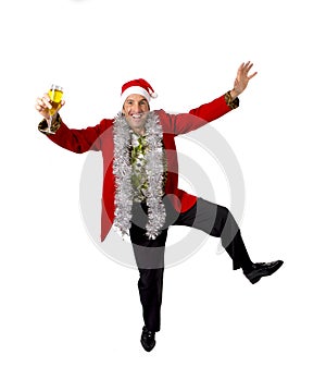 Happy drunk rake senior businessman in Champagne Christmas toast party at work wearing Santa hat