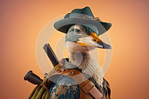 happy duck dressed as a hunter created with Generative AI technology