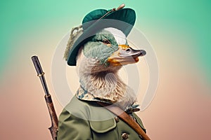 happy duck dressed as a hunter created with Generative AI technology