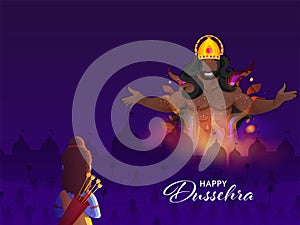 Happy Dussehra Celebration Concept With Lord Rama Killing Demon Ravana And Ayodhya View On Purple Battle Ground