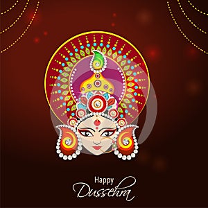 Happy Dussehra Celebration Poster Design With Hindu Mythology Goddess Durga Face On Dark Red Blurred Light Effect