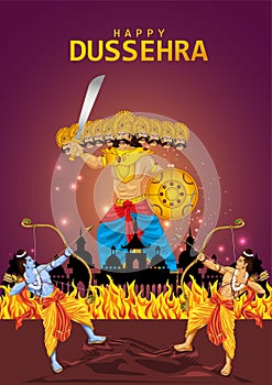 Happy Dussehra festival of India. of Lord Rama killing Ravana. vector illustration