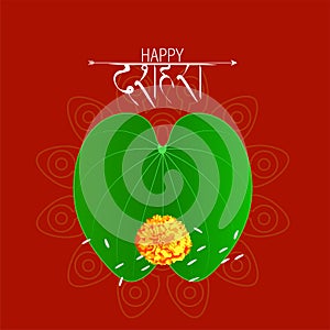 Happy Dussehra greeting card , green leaf Bauhinia racemosa and rice,Indian festival dussehra