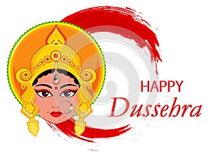 Happy Dussehra greeting card. Maa Durga Face on abstract background for Hindu Festival.