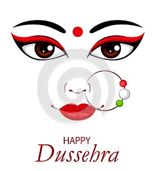 Happy Dussehra vector illustration. Contour of Maa Durga Face photo