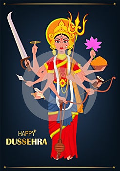 Happy Dussehra vector illustration. Maa Durga on dark blue background