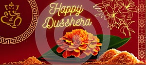 Happy Dusshera. Decorative Dusshera Greeting background with Marigold Flower, Mango Leaves and Rice