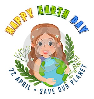 Happy earth day banner design with two girls hugging earth globe