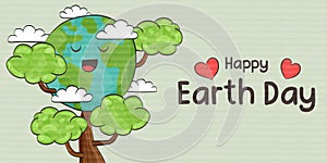 Happy Earth Day banner green planet tree cartoon