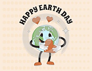 Happy Earth day banner with mascot character holding heart. Save the planet retro poster. Template for holiday design. Vector