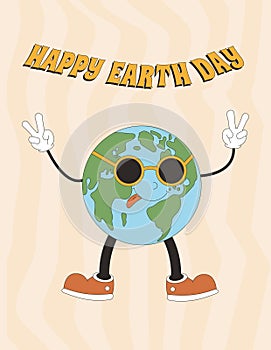 Happy Earth day banner with mascot character in sunglasses. Save the planet retro poster. Vector illustration