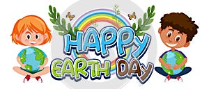 Happy Earth Day banner with two childen in cartoon style