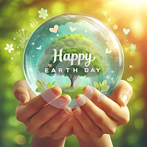 Happy earth day card with green tree in crystal ball held by hands