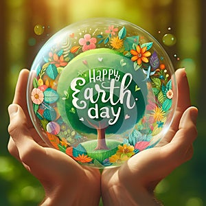 Happy earth day card with green tree in crystal ball held by hands