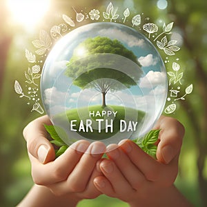 Happy earth day card with green tree in crystal ball held by hands