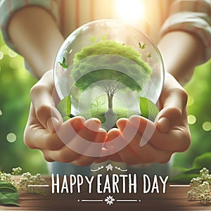 Happy earth day card with green tree in crystal ball held by hands