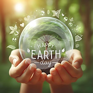 Happy earth day card with green tree in crystal ball held by hands