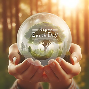 Happy earth day card with green tree in crystal ball held by hands