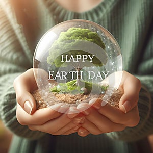 Happy earth day card with green tree in crystal ball held by hands