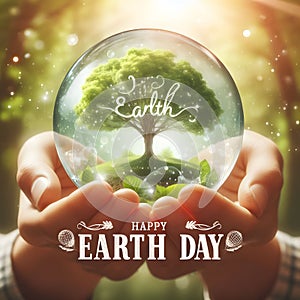 Happy earth day card with green tree in crystal ball held by hands