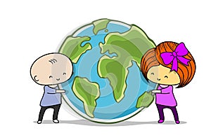 Happy Earth Day. Children hug planet earth