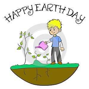 Happy Earth Day with cild and plant