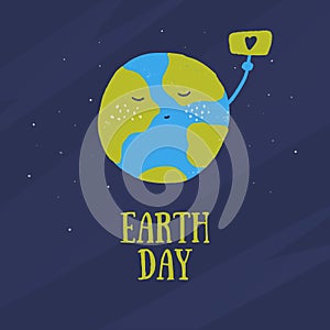 Happy Earth Day concept in cartoon style. Save World grunge design. Planet poster with sign of love