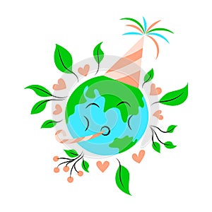 Happy Earth Day. Greeting card with cute cartoon character. Earth in a cap and a birthday pipe. Vector illustration