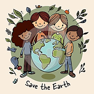 Happy Earth Day - Hand-drawn Cartoon banner with multi-ethnic kids promoting