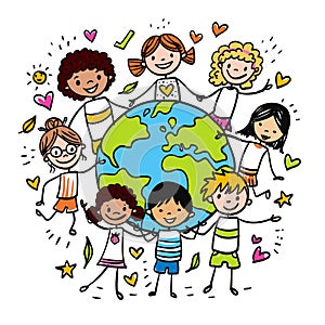 Happy Earth Day - Hand-drawn Vector Cartoon banner with multi-ethnic kids