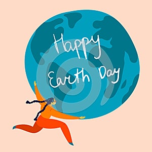 Happy Earth Day holiday. Woman holds globe