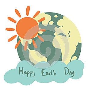 Happy earth day planet sun and clouds flat design