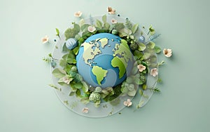 Happy Earth day poster with globe, grass, fresh flowers, plants on green background. Clay sphere. Wild nature 3d render cut out