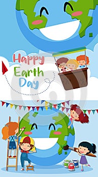 Happy Earth day poster with kids on earth