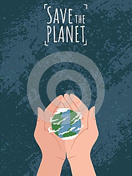 Happy Earth Day! Save the planet. Hand holding Globe earth on blue background with grunge texture. Vector eco design