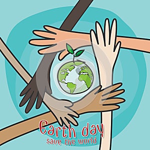 Happy earth day , save the world concept. hands of people of different nationalities working together for saving environment