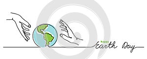 Happy earth day vector background. Simple planet and hands.