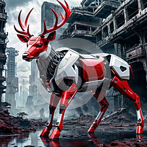 Red cyber deer robot made of red melal.
