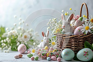 Happy easter 3d art Eggs Easter Bunny Cutouts Basket. White family Bunny cross. thankful background wallpaper