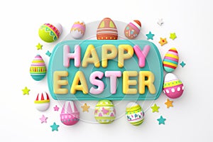 Happy easter 3d rendering service Eggs Sunshine Basket. White Kindness Bunny indigo blue. Travel background wallpaper