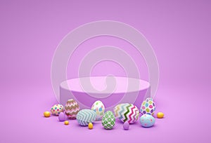 Happy Easter. Abstract art of colorful Easter Eggs with Pink or Purple background, and circle geometric shape. Product