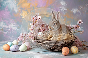 Happy easter action Eggs Blossoming Basket. White Salvation Bunny Seaweed Green. turquoise bay background wallpaper