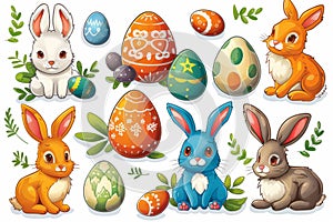 Happy easter Action Eggs Unconventional Basket. White rabbit Bunny 3d rendering service. Cheerful background wallpaper