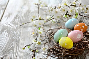 Happy easter adorable Eggs Gleeful Basket. White Blossoming Bunny Copy area. Easter bonnet background wallpaper